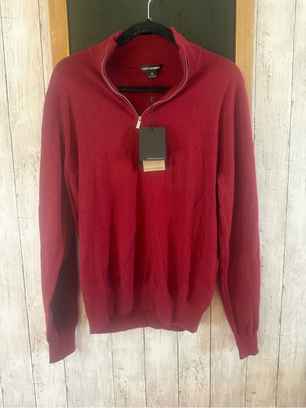 NWT State Cashmere Mens M Red 100% Cashmere 1/4 Zip Mockneck Polo Sweater